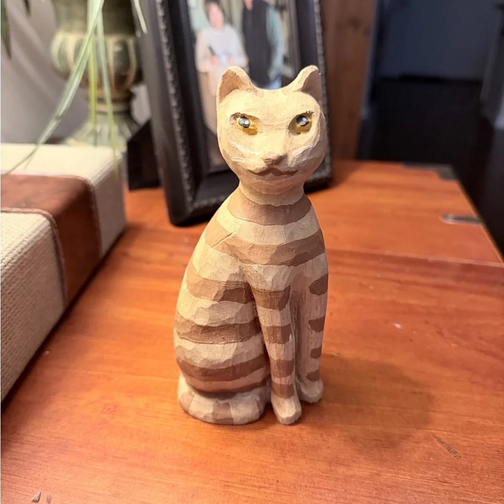 Handcarved wood Striped Cat Figurine
